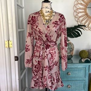 Floral print ruffle hem Surplice belted dress
